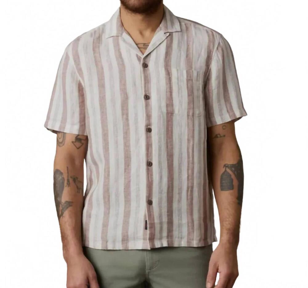 NEW FAHERTY short sleeve palma linen camp shirt in island brown stripe
